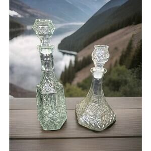 Vintage Clear Diamond Glass Decanters Liquor Barware With Stopper Lot of 2